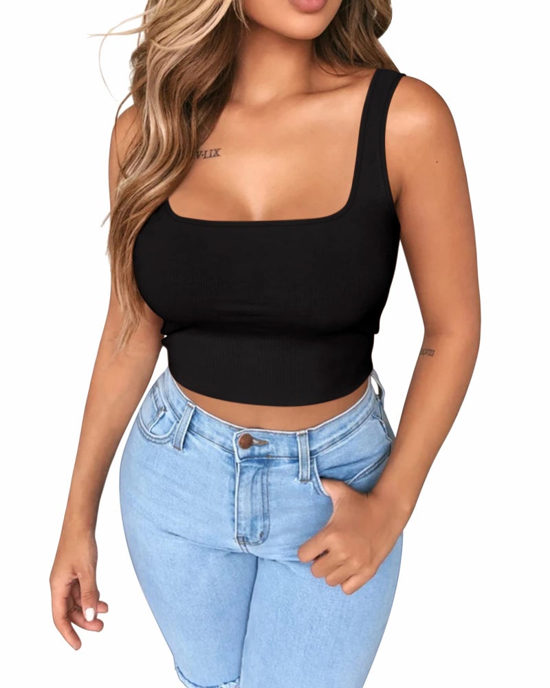 BelleLovin AESLOVIN Women's Ribbed Knit Basic Scoop Neck Sleeveless Crop Tank top (Black, Small, s) - Image 2